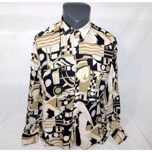 VTG Natural Issue By Feldini Men L Tan Black Geometric Shapes rayon Button Shirt